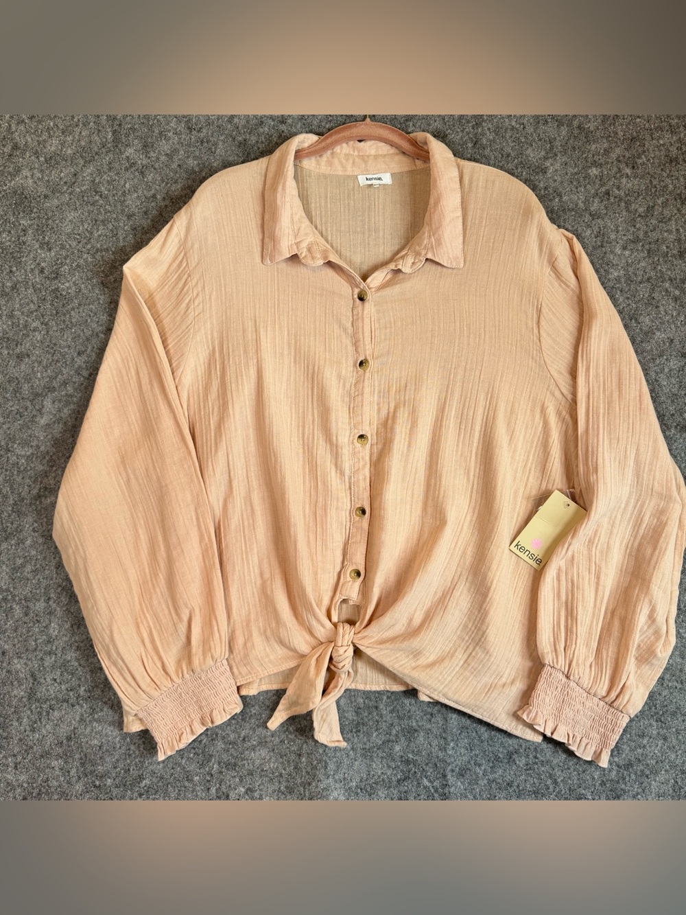 Kensie Pink Chalk Smocked Tie Front Button Down Shirt 2X NWT Crinkle Gauze